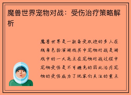 魔兽世界宠物对战：受伤治疗策略解析